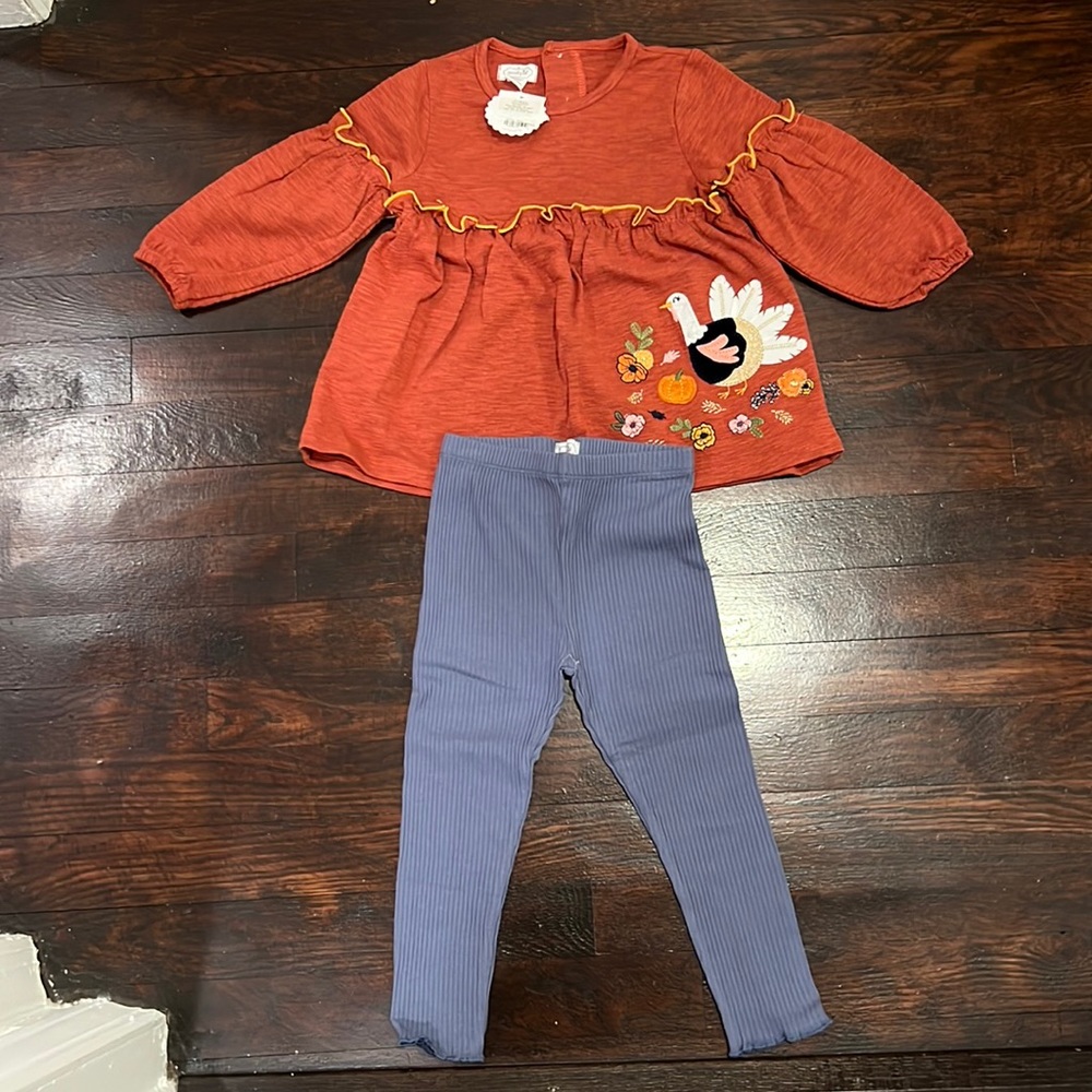 MUD PIE - little girls 24m/2T matching set Thanksgiving Turkey appliqué